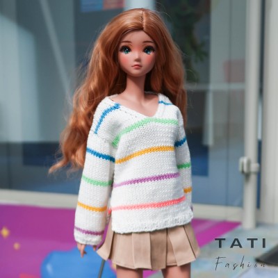 Oversized Sweater with V-neck and Colored Stripes for Smart Doll